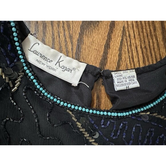 Vintage Lawrence Kazar Size M Black 100% Silk Beaded Sequin Evening Top Whimsy - Picture 2 of 9